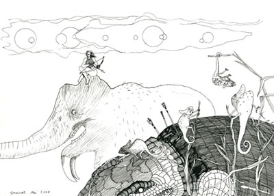Norbert Gmeindl, Ohne Titel (Mammut), Tusche auf Papier, 20,3 x 28,7 cm, 2008, Galerie Altnder Salzburg